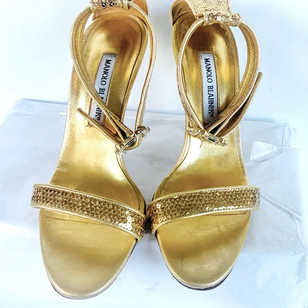 Manolo Blahnik gold sequin heels with crystal buckle 38